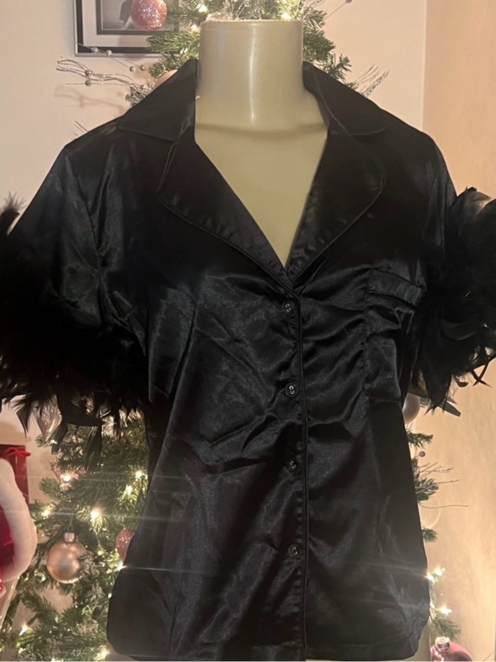 Black Satin Button-Up Top and shorts with Feather Trim